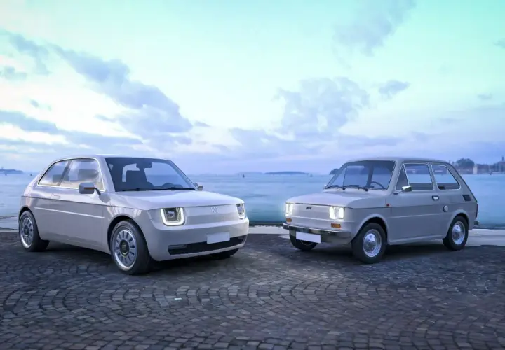 Nowy Fiat 126p obok swojego klasycznego poprzednika, na tle wodnego miasta.