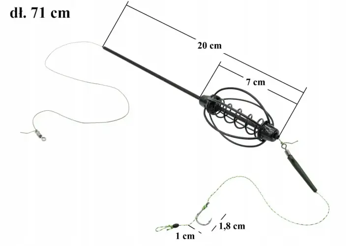 Zestaw do metody: jak założyć rurkę antysplątaniową. Długość 71 cm, koszyk 20 cm, haczyk 1,8 cm.