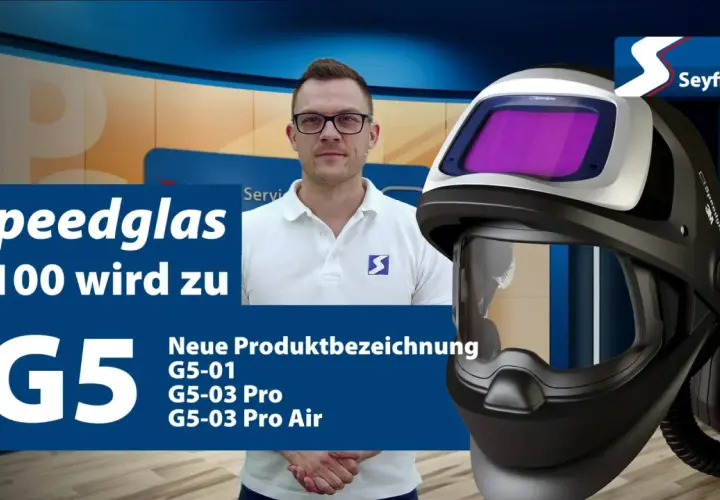Kaskadę spawalniczą 3M Speedglas G5 zastępuje nowa seria G5. Mężczyzna w okularach prezentuje kask.