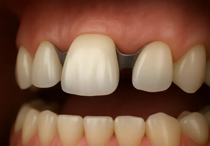 Un ponte dentale incollato, con una struttura metallica che collega i denti naturali, ripristina un sorriso completo.