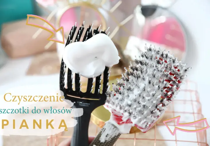 Pianka do czyszczenia szczotki do włosów z kurzu. Dwie szczotki pokryte pianką, jedna czarna, druga z czerwonymi elementami.
