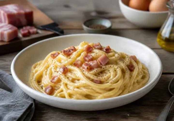 Un plat de spaghetti crémeux, garni de lardons croustillants. La recette de carbonara parfaite pour un dîner savoureux.