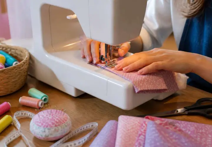 Mains expertes guidant le tissu pour faire des plis précis sur la machine à coudre. Bobines de fil, ciseaux et mètre ruban à proximité.