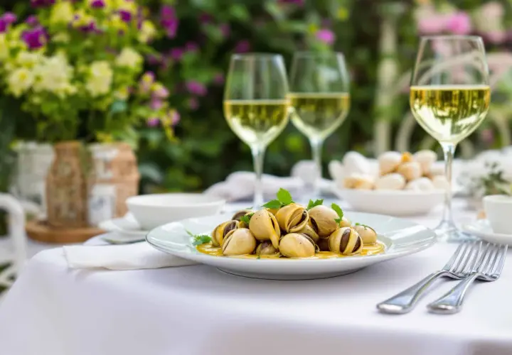 Un plat d'escargots à l'ail et au persil, servi avec des verres de vin blanc. La question est : quel vin avec les escargots ?