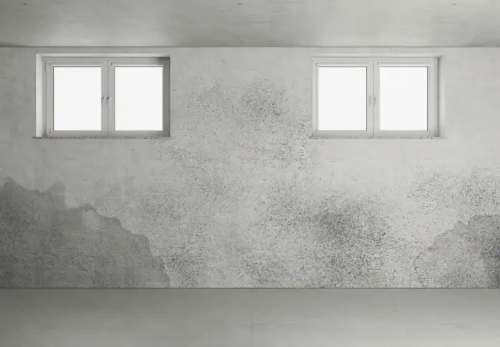 Ein feuchter Keller mit deutlichem **Schimmel im Keller** an den Wänden, zwei kleine Fenster und ein Rohr.
