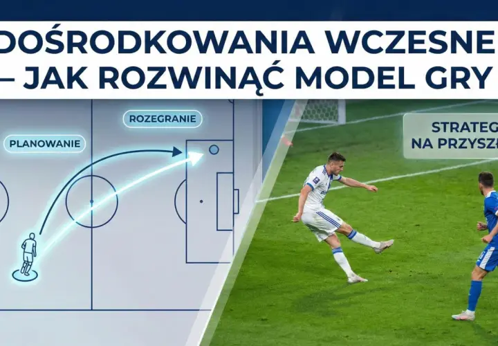 Schemat taktyczny futbolu: planowanie i rozegranie dośrodkowania. Piłkarz wykonuje podanie.
