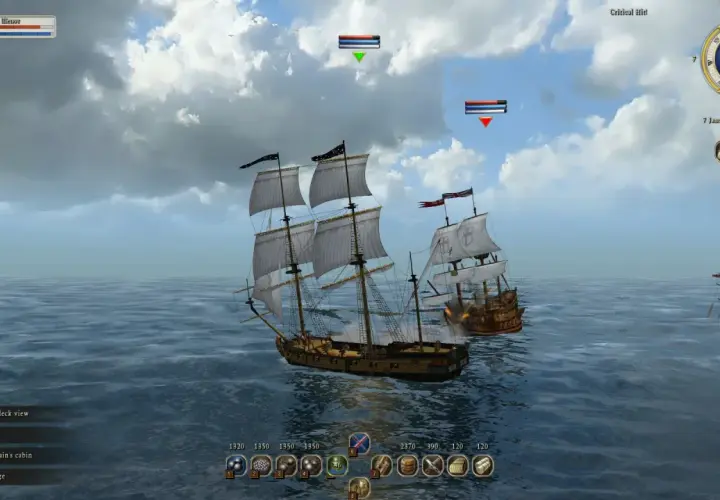 Bitwa morska w grze Age of Pirates 2. Trzy żaglowce na wzburzonym morzu, jeden tonie.