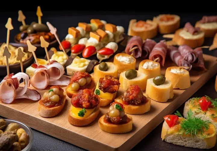 Pyszne pinchos na desce: bagietki z wędliną, oliwkami, pomidorkami i pastami. Idealne na przyjęcie!