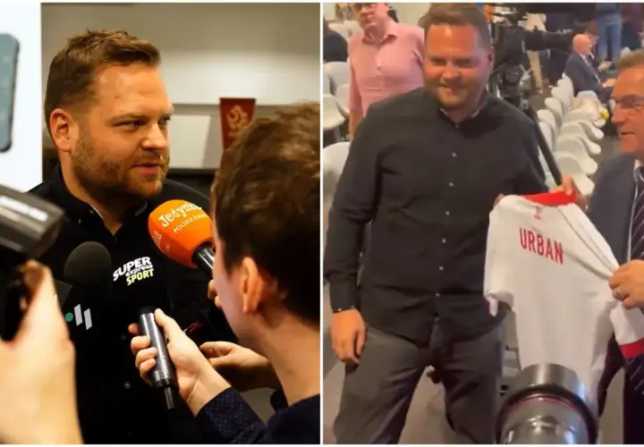 Jan Urban syn otrzymuje koszulkę z własnym nazwiskiem. Na drugim zdjęciu udziela wywiadu mediom.