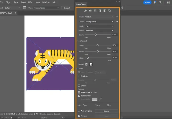Ein Tigerbild wird mit dem Werkzeug "Bildnachzeichner" in Adobe Illustrator bearbeitet. Die Einstellungen für Pfade, Ecken und Rauschen sind sichtbar.