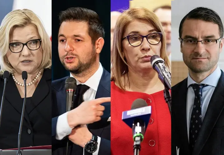 Cztery twarze europosłów z Polski: kobiety w okularach i czarnej marynarce, mężczyzna w garniturze, kobieta w czerwonej bluzce i mężczyzna w granatowym garniturze.