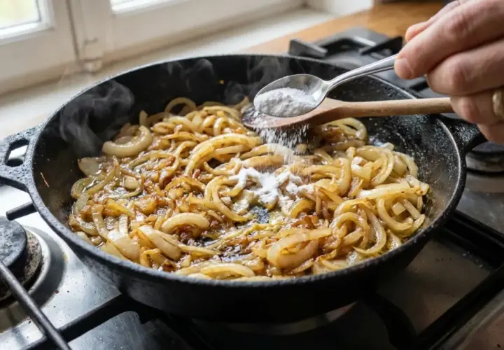 Une main ajoute du sucre aux oignons caramélisés qui cuisent dans une poêle en fonte.