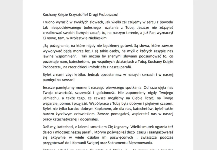 Pożegnanie zmarłego czytane przez księdza wzór. List pożegnalny od parafian do proboszcza, wyrażający żal i wdzięczność za jego posługę.