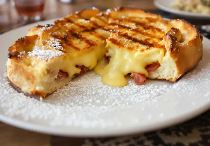 Une délicieuse croute savoyarde, dorée et saupoudrée de sucre glace, révèle un cœur fondant au fromage et jambon.