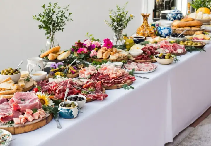 Un magnifique buffet restauration débordant de charcuteries, fromages, pains et olives, décoré de fleurs fraîches.