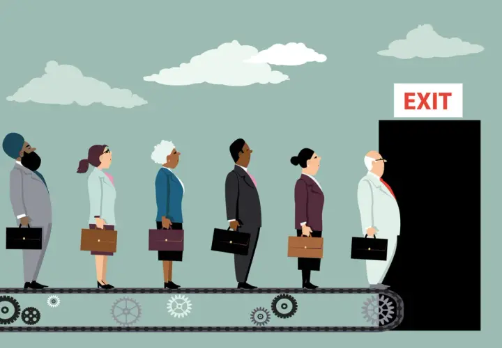 A diverse group of professionals on a conveyor belt approach an "EXIT" sign, illustrating the need for diversity equity and inclusion best practices to ensure everyone has a path forward.