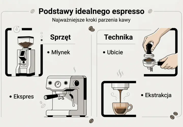 Podstawy idealnego espresso: młynek, ekspres, ubicie i ekstrakcja. Ziarnka na opakowaniu kawy symbolizują jej świeżość i jakość.