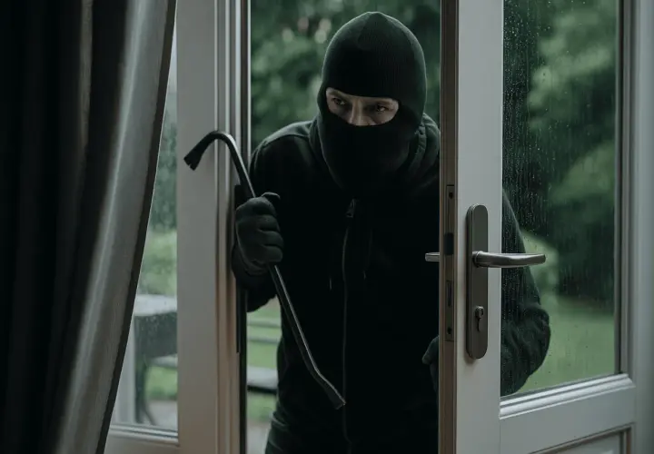 Un cambrioleur masqué, prêt à forcer une porte avec un pied-de-biche, illustre le danger du home jacking et l'importance de la protection.