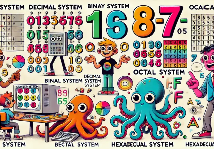 Kolorowa grafika edukacyjna o systemach liczbowych. Pokazuje, jak zamienić system dziesiętny na binarny, z postaciami i przykładami.