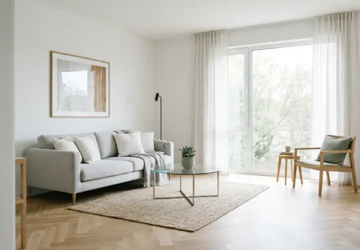 Jasny salon z szarą kanapą, szklanym stolikiem i krzesłem. Idealny przykład home stagingu, który podkreśla przestronność i styl.