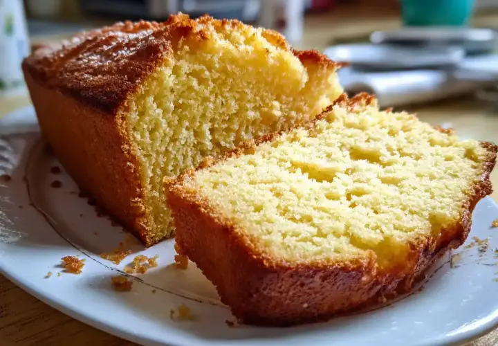 En saftig sockerkaka med gyllene skorpa, skuren i en bit, ligger på en vit tallrik.