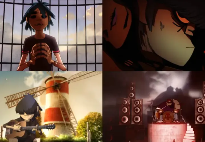 Kolaż z klipu Gorillaz - Feel Good Inc.: 2-D za kratami, Noodle w mroku, Murdoc gra na gitarze przy wiatraku, Russel gra na perkusji.