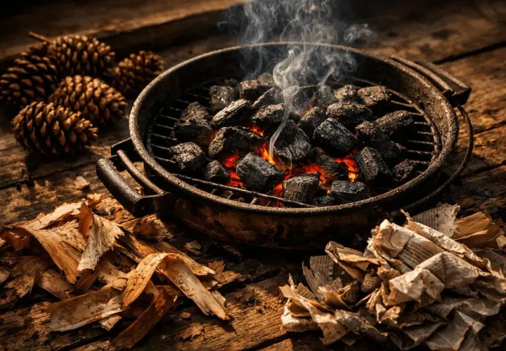 Rozpalony grill z żarem i dymem, obok szyszki i rozpałka. Idealny sposób, jak rozpalić grilla na drewnianym blacie.