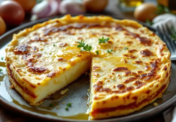 Une tortilla espagnole dorée et appétissante, coupée en part, baigne dans une huile savoureuse.