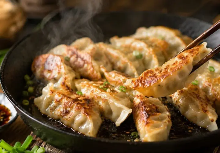 Gorące, rumiane pierożki gyoza parują na patelni. Jedna sztuka jest podnoszona pałeczkami, gotowa do zanurzenia w sosie.