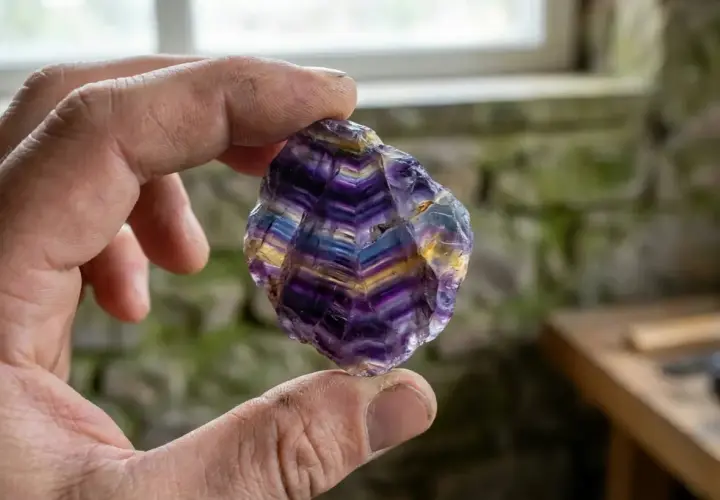 Ein Mann hält einen schillernden Blue John Stein, dessen violette und gelbe Streifen wie ein Regenbogen leuchten.