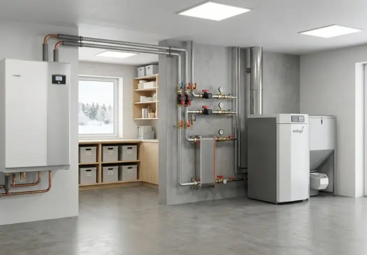 Modern värmesystem för gasuppvärmning av hus, med värmepump och panna. Vinterlandskap syns utanför fönstret.