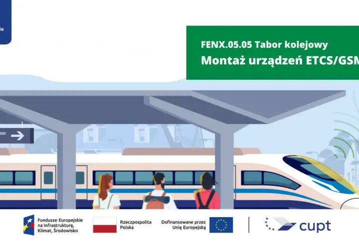 Nowoczesny tabor kolejowy na stacji, z pasażerami czekającymi na peronie. Projekt FENX.05.05 dotyczy montażu urządzeń ETCS/GSM-R.