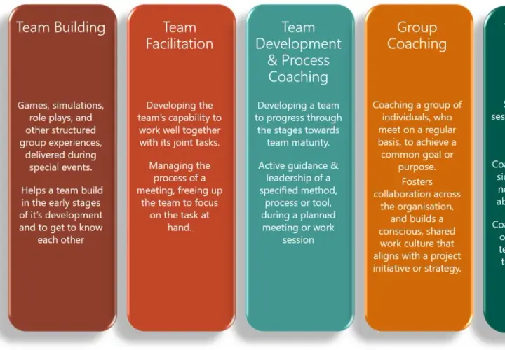 Six columns detailing team development services: Team Consulting, Team Building, Team Facilitation, Team Development & Process Coaching, Group Coaching, and Team Coaching & Live Action Coaching.