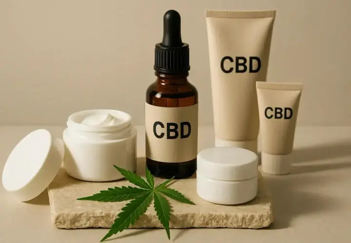 CBD-Produkte: eine Flasche mit Pipette, zwei Tuben und zwei Cremetiegel, daneben ein Hanfblatt.
