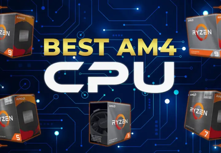Cajas de procesadores AMD Ryzen 9, 7, 5 y 3 para socket AM4, con el texto "BEST AM4 CPU" en dorado y blanco.