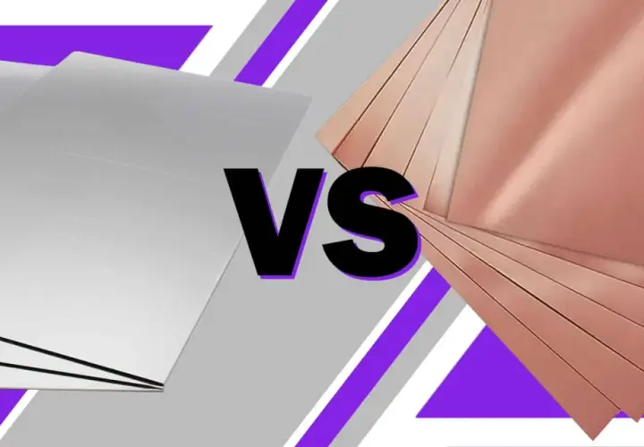 Stos blachy aluminiowej obok stosu blachy miedzianej, z napisem "VS" pośrodku.