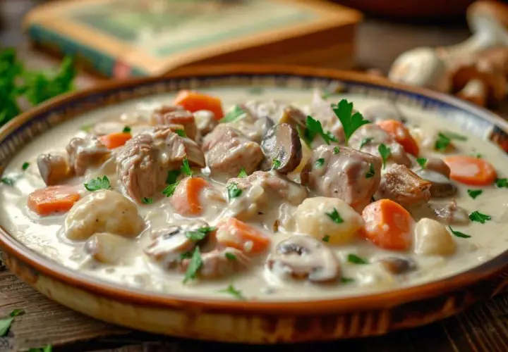 Un plat réconfortant de blanquette de veau, avec des morceaux tendres de viande, des carottes, des champignons et une sauce crémeuse, garni de persil frais.