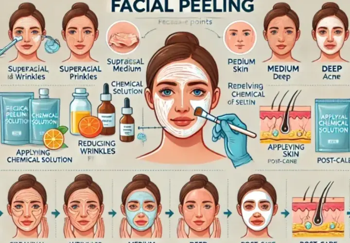 Ilustración de un peeling químico facial, mostrando diferentes profundidades y resultados, desde superficial hasta profundo, para tratar arrugas y acné.