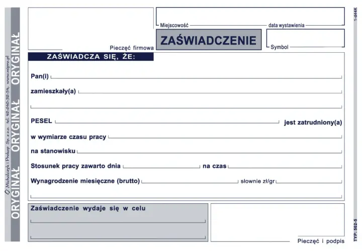 Formularz zaświadczenia o zatrudnieniu, zawierający dane pracownika, stanowisko, wynagrodzenie i cel wydania dokumentu.