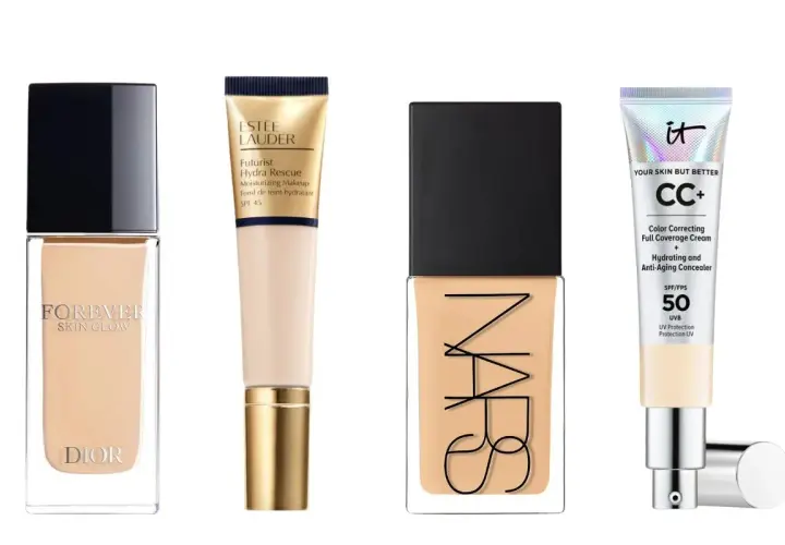Fyra foundations för torr hy: Dior Forever Skin Glow, Estée Lauder Futurist Hydra Rescue, NARS och IT Cosmetics CC+.