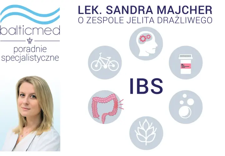 Lek. Sandra Majcher o zespole jelita drażliwego (IBS). Grafika przedstawia jelito, mózg, rower, leki, zboże i pęcherzyki, symbolizujące różne aspekty nerwicy jelit.