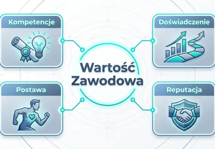 Wykres przedstawia cztery kluczowe elementy budujące wartość zawodową: kompetencje, doświadczenie, postawę i reputację. Rozwijanie tych umiejętności to klucz do sukcesu.