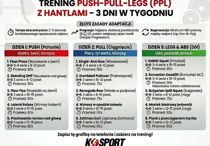 Plan treningowy PPL z hantlami na 3 dni. Czy rutyna jest dobra? Tak, ten plan pokazuje, jak efektywnie ćwiczyć.