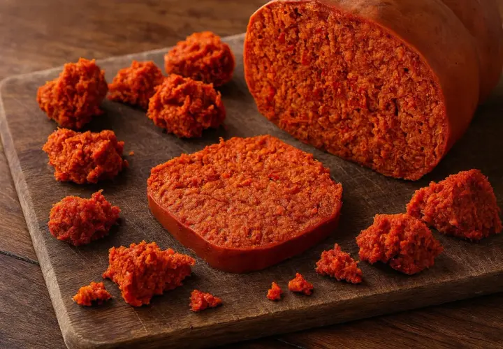 Was ist Nduja? Eine scharfe, streichfähige italienische Salami aus Schweinefleisch und Chili, hier auf einem Holzbrett präsentiert.