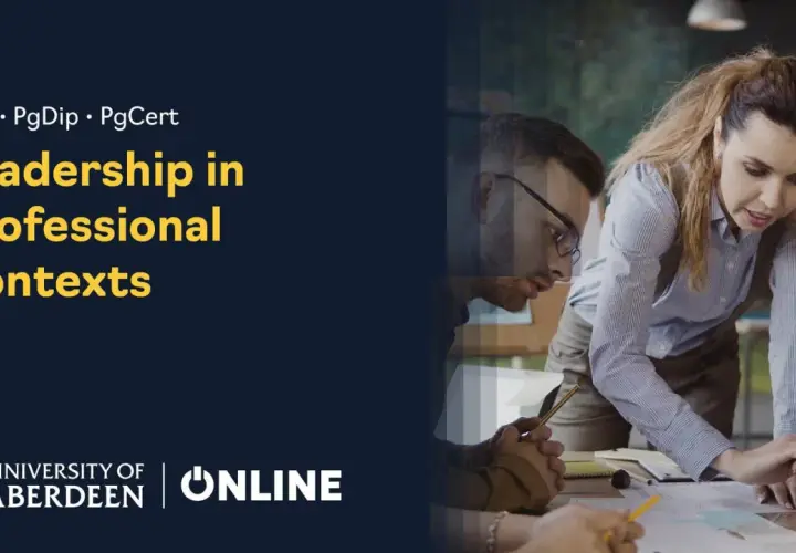 University of Aberdeen's online masters in organizational leadership program. Professionals collaborate on a project.
