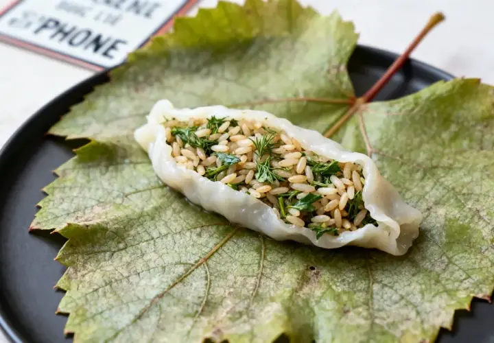 Une feuille de vigne farcie, garnie de riz et d'herbes fraîches, repose sur une grande feuille de vigne verte sur une assiette noire.