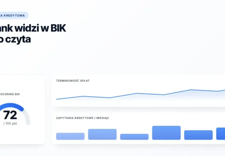 BIK to biuro informacji kredytowej. Wykresy pokazują scoring BIK, terminowość spłat i zapytania kredytowe.