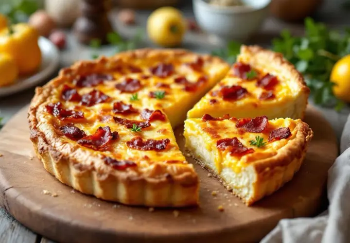 Une délicieuse quiche lorraine, dorée et garnie de lardons croustillants, prête à être dégustée.