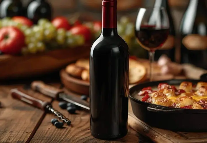Bouteille de vin rouge, verre à moitié plein, et une fondue bourguignonne prête à être dégustée. Parfait pour un dîner convivial.