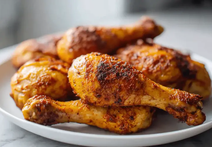 Chrupiące udka z kurczaka z airfryer na białym talerzu.